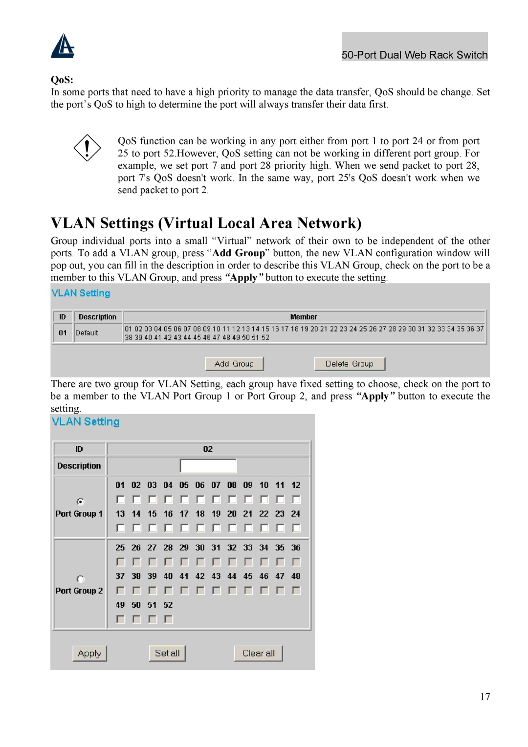 Atlantis Land A02-F48-4G user manual Vlan Settings Virtual Local Area Network, QoS 