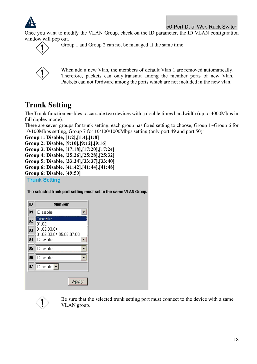 Atlantis Land A02-F48-4G user manual Trunk Setting 