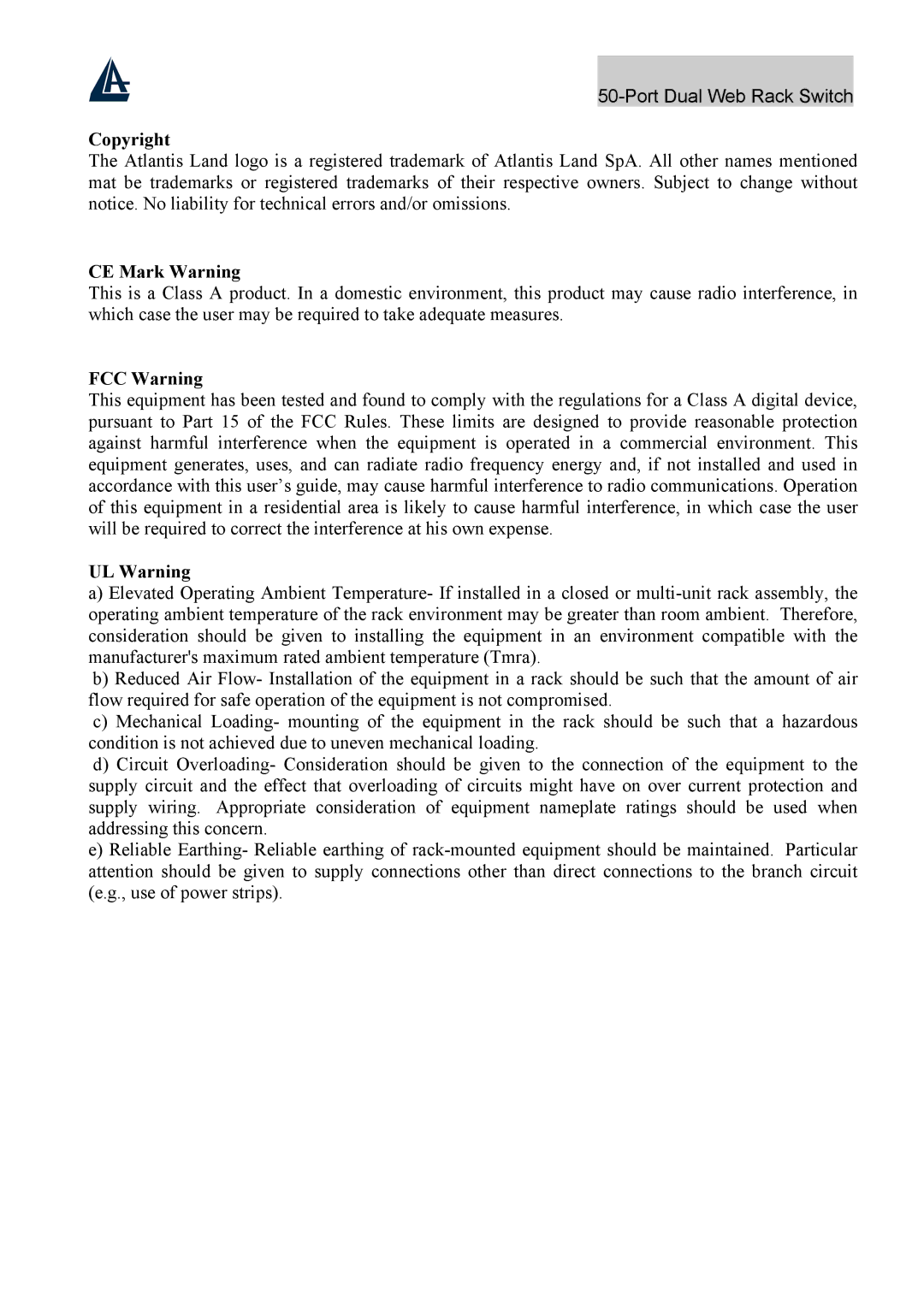 Atlantis Land A02-F48-4G user manual Copyright, CE Mark Warning, FCC Warning, UL Warning 