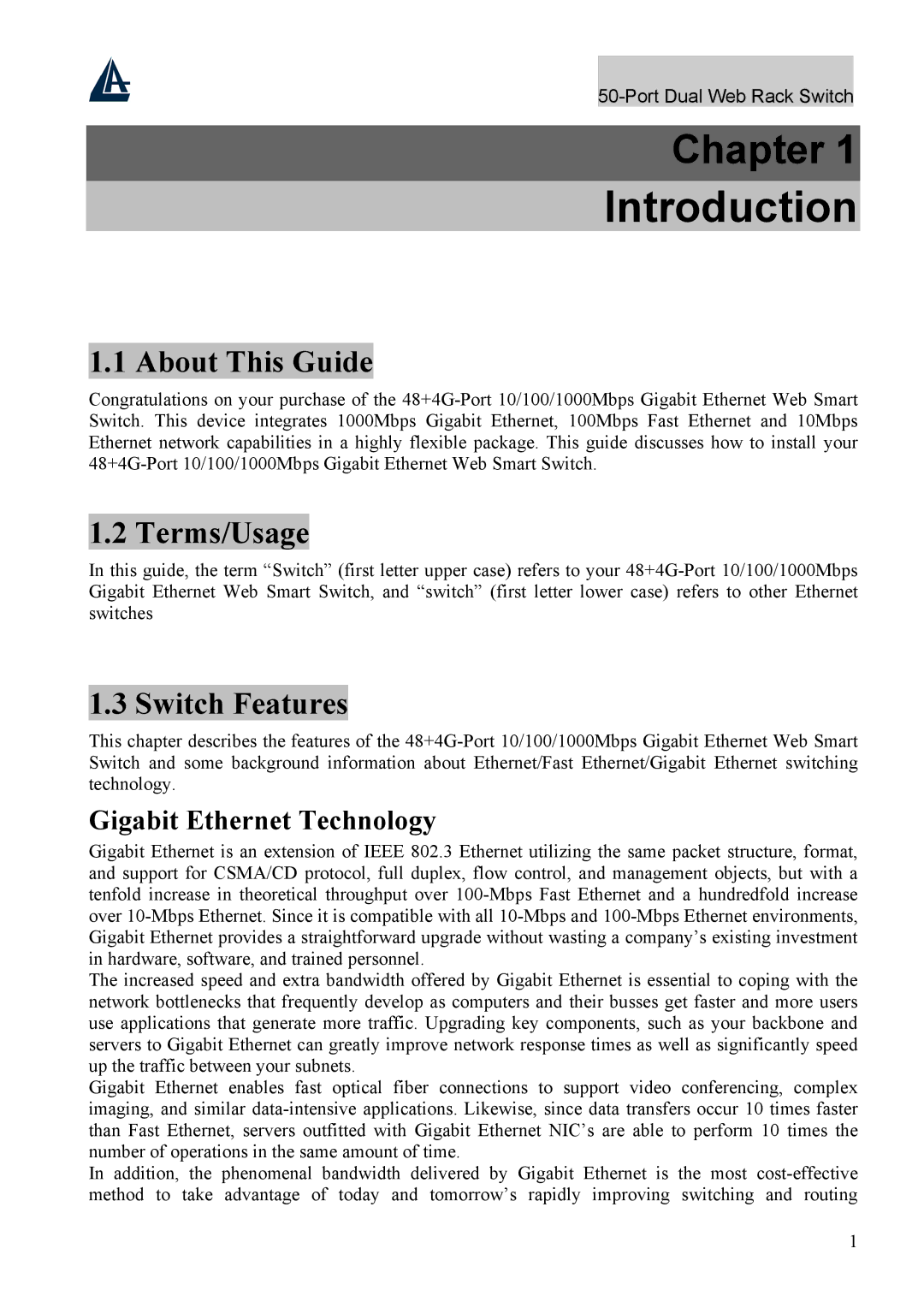 Atlantis Land A02-F48-4G user manual About This Guide, Terms/Usage, Switch Features, Gigabit Ethernet Technology 