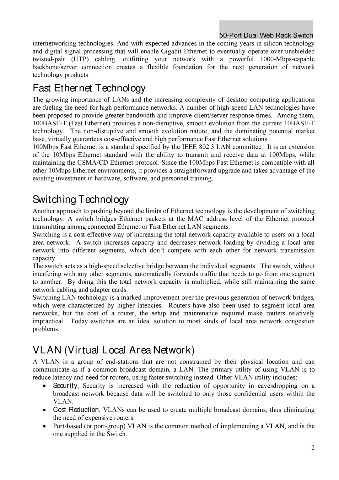 Atlantis Land A02-F48-4G user manual Fast Ethernet Technology, Switching Technology, Vlan Virtual Local Area Network 