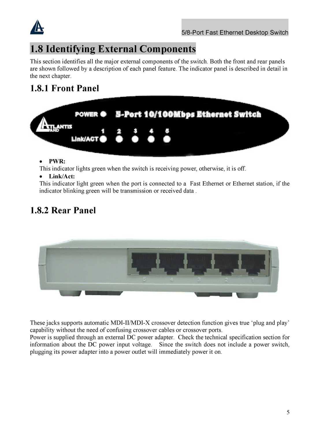 Atlantis Land A02-F8P, A02-F5P user manual Identifying External Components, Front Panel, Rear Panel, Pwr, Link/Act 