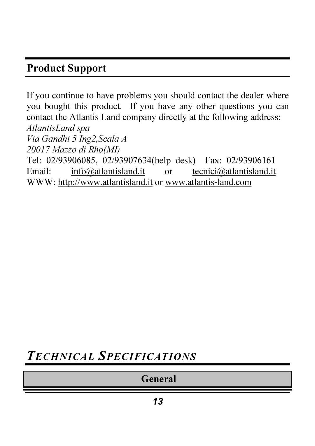 Atlantis Land A02-F8-2C/M2 manual Product Support, Technical Specifications 