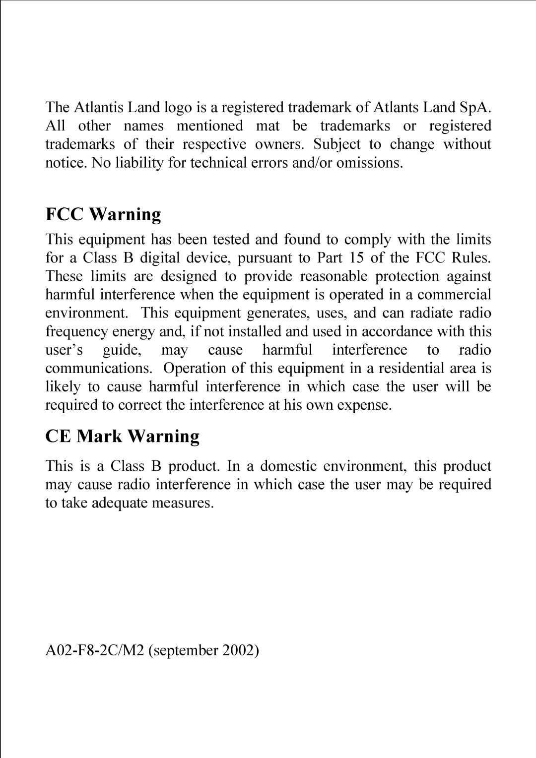 Atlantis Land A02-F8-2C/M2 manual FCC Warning, CE Mark Warning 