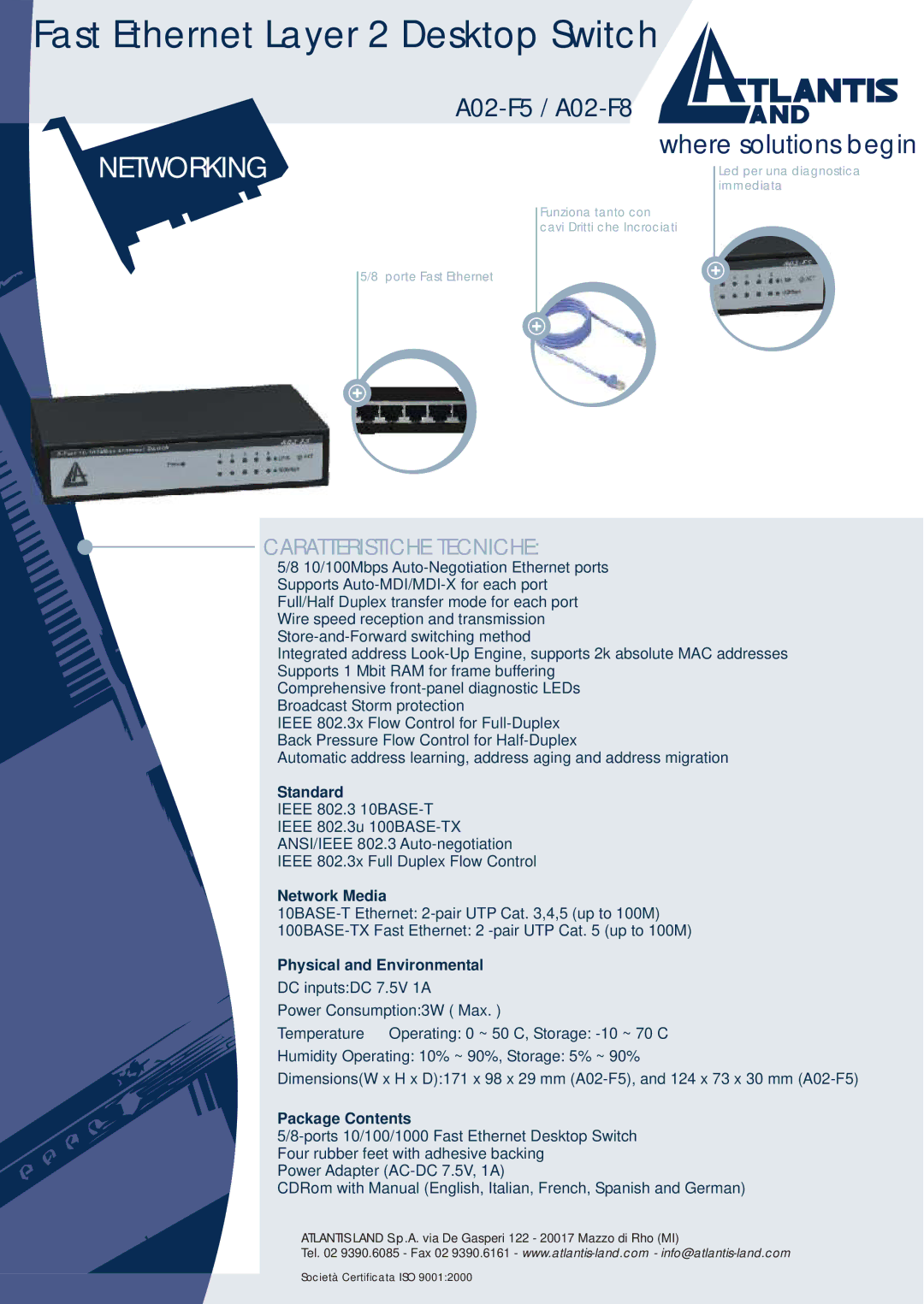 Atlantis Land A02-F8 manual Caratteristiche Tecniche, Standard, Network Media, Physical and Environmental, Package Contents 