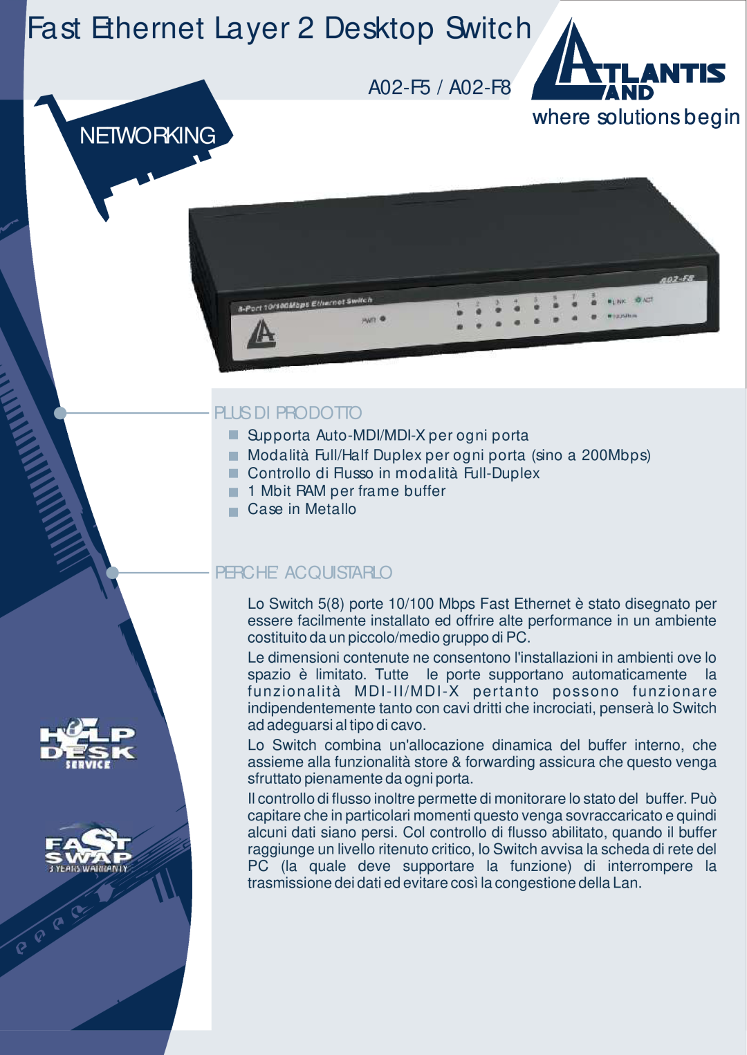 Atlantis Land manual Fast Ethernet Layer 2 Desktop Switch, Networking, where solutions begin, A02-F5 / A02-F8 