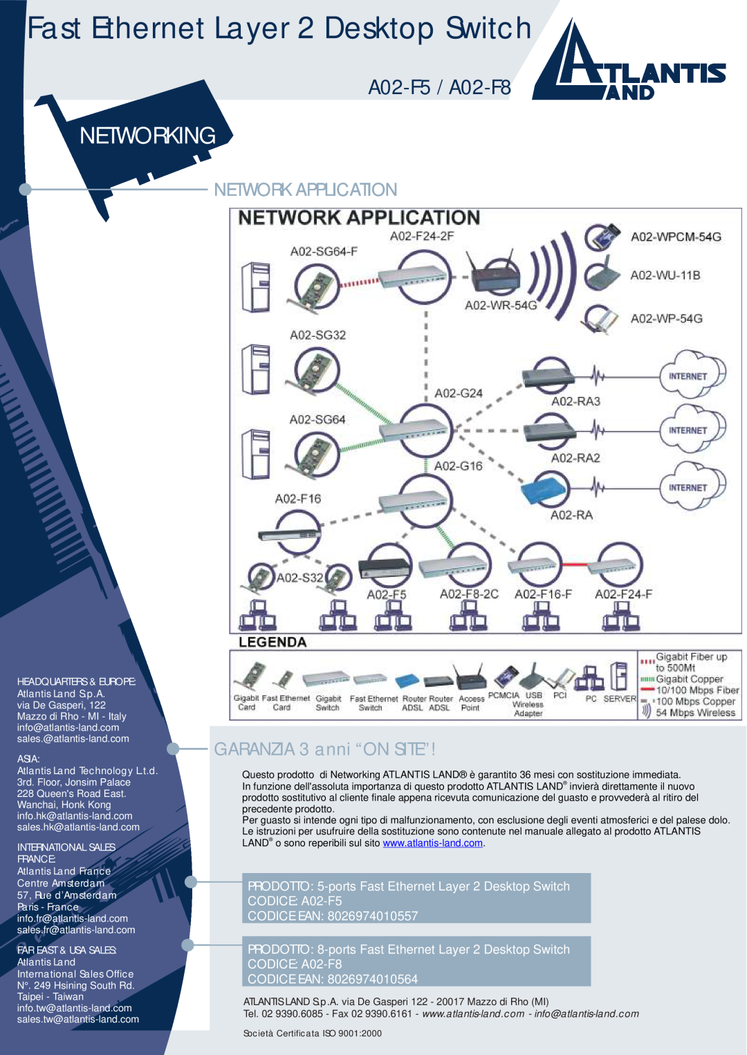 Atlantis Land A02-F5 Network Application, GARANZIA 3 anni “ON SITE”, Fast Ethernet Layer 2 Desktop Switch, Networking 