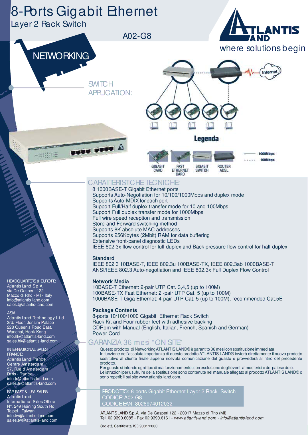 Atlantis Land A02-G8 manual Switch Application Caratteristiche Tecniche, Standard, Network Media, Package Contents 