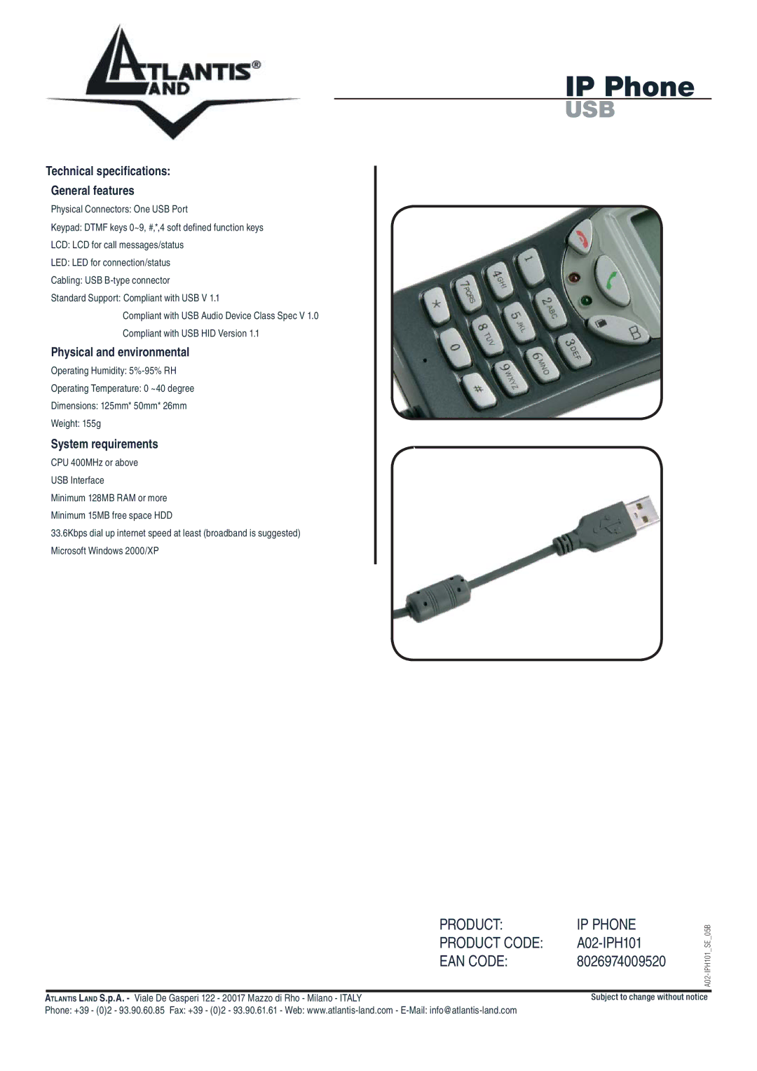 Atlantis Land A02-IPH101 manual Usb, Product Product Code EAN Code, IP Phone 