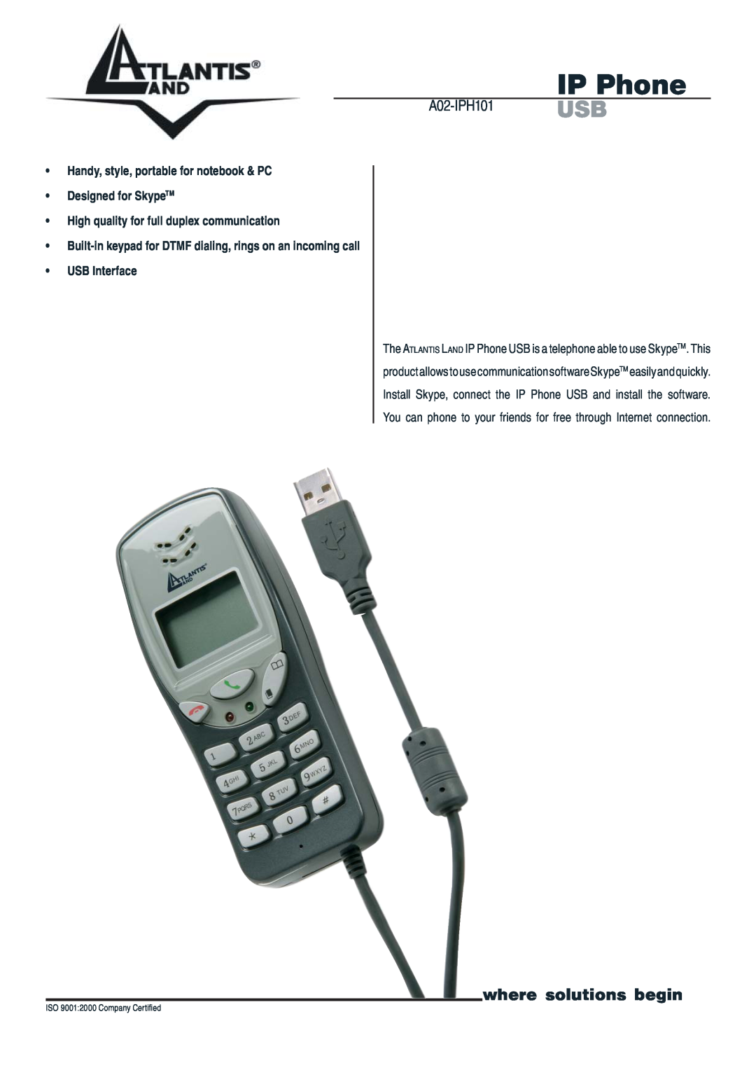 Atlantis Land manual IP Phone, A02-IPH101USB, Handy, style, portable for notebook & PC Designed for Skype TM 