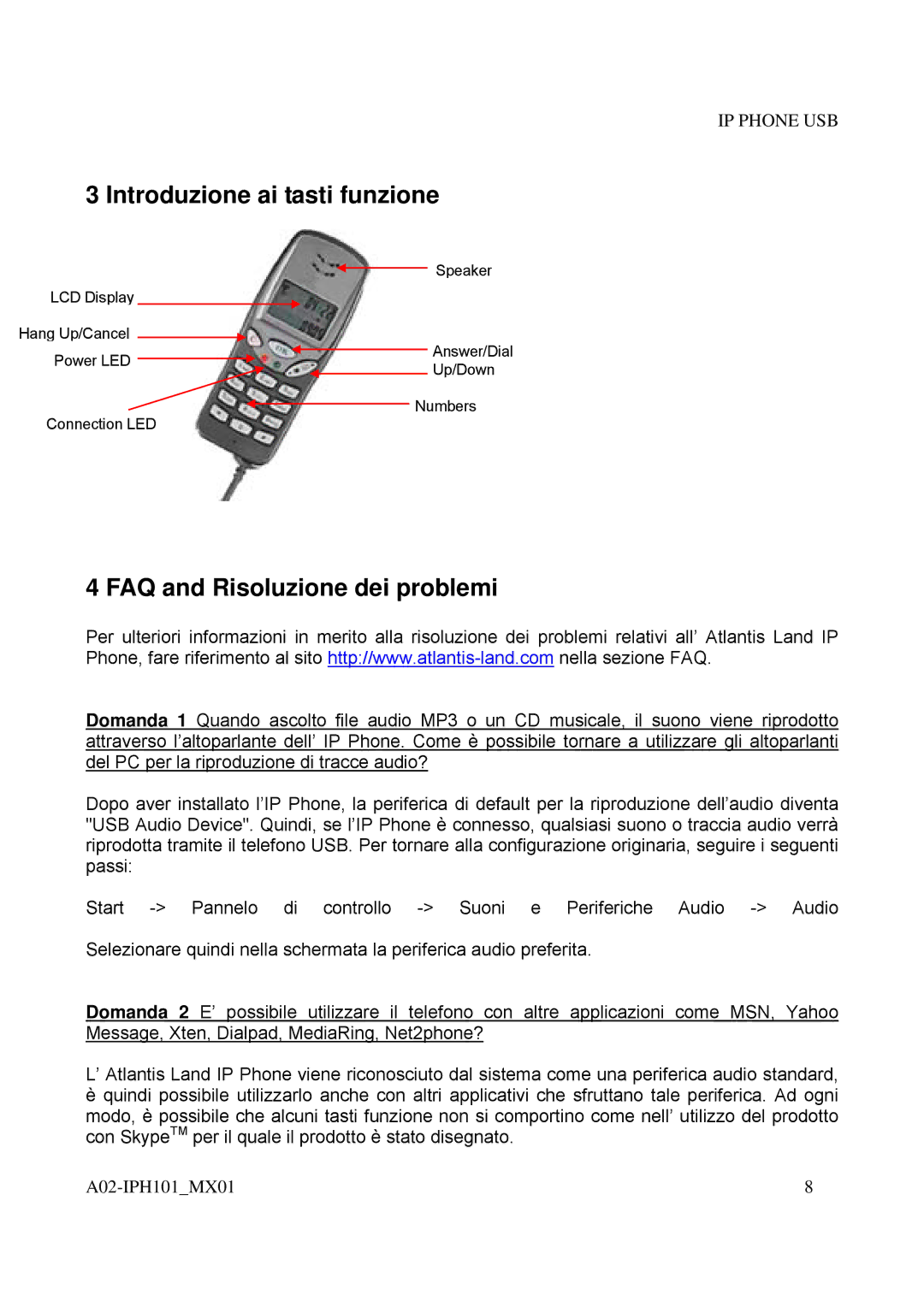 Atlantis Land A02-IPH101_MX01 user manual Introduzione ai tasti funzione, FAQ and Risoluzione dei problemi 