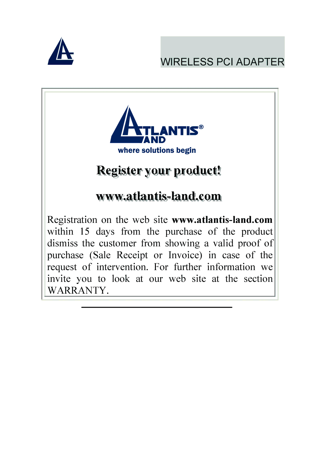 Atlantis Land A02-PCI-W54 quick start Regiisstter your productt 