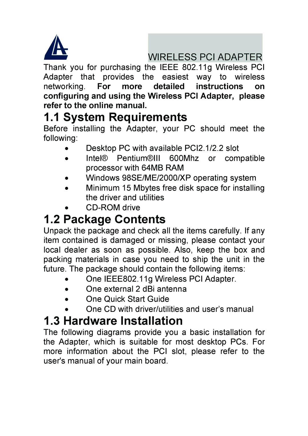 Atlantis Land A02-PCI-W54 quick start System Requirements, Package Contents, Hardware Installation 