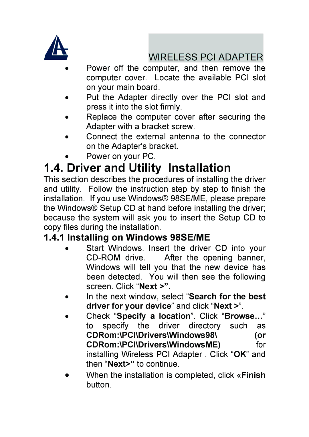 Atlantis Land A02-PCI-W54 quick start Driver and Utility Installation, Installing on Windows 98SE/ME 