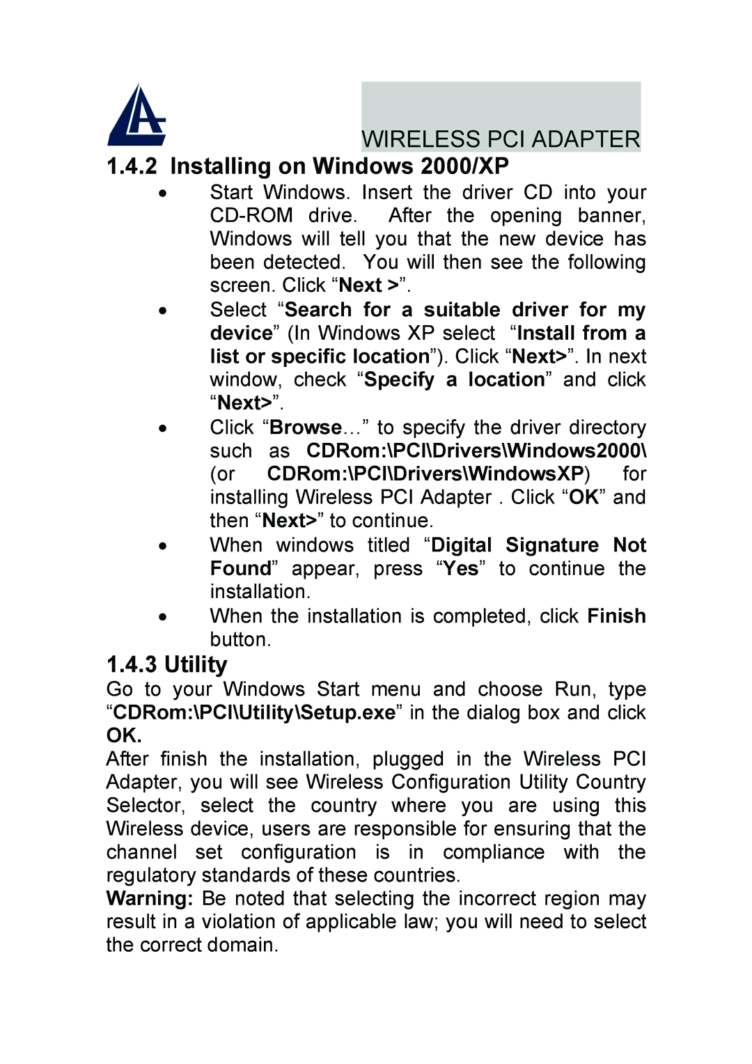 Atlantis Land A02-PCI-W54 quick start Installing on Windows 2000/XP, Utility 