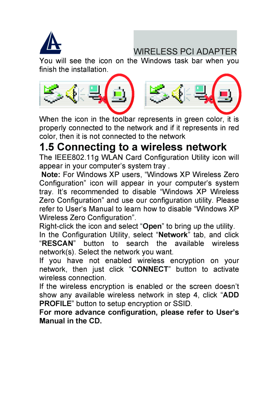 Atlantis Land A02-PCI-W54 quick start Connecting to a wireless network 