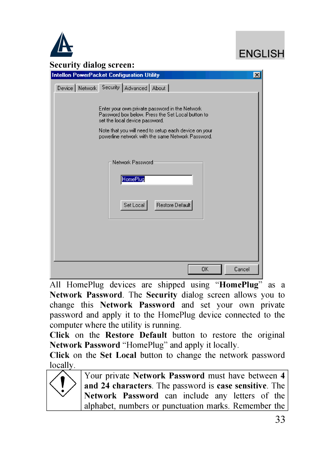 Atlantis Land A02-PL100 manual Security dialog screen 