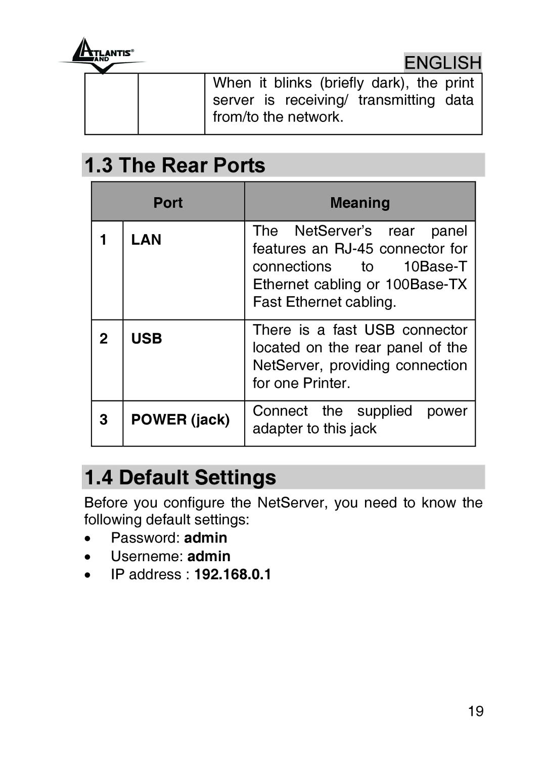 Atlantis Land A02-PSU_GX02 quick start Default Settings, Port Meaning 