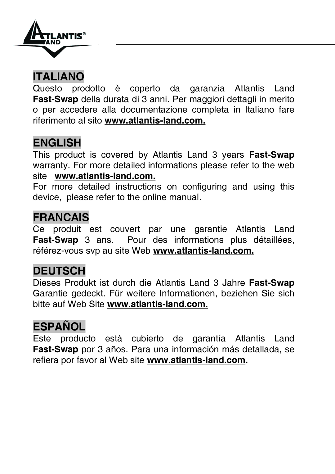 Atlantis Land A02-PSU_GX02 quick start Italiano English 