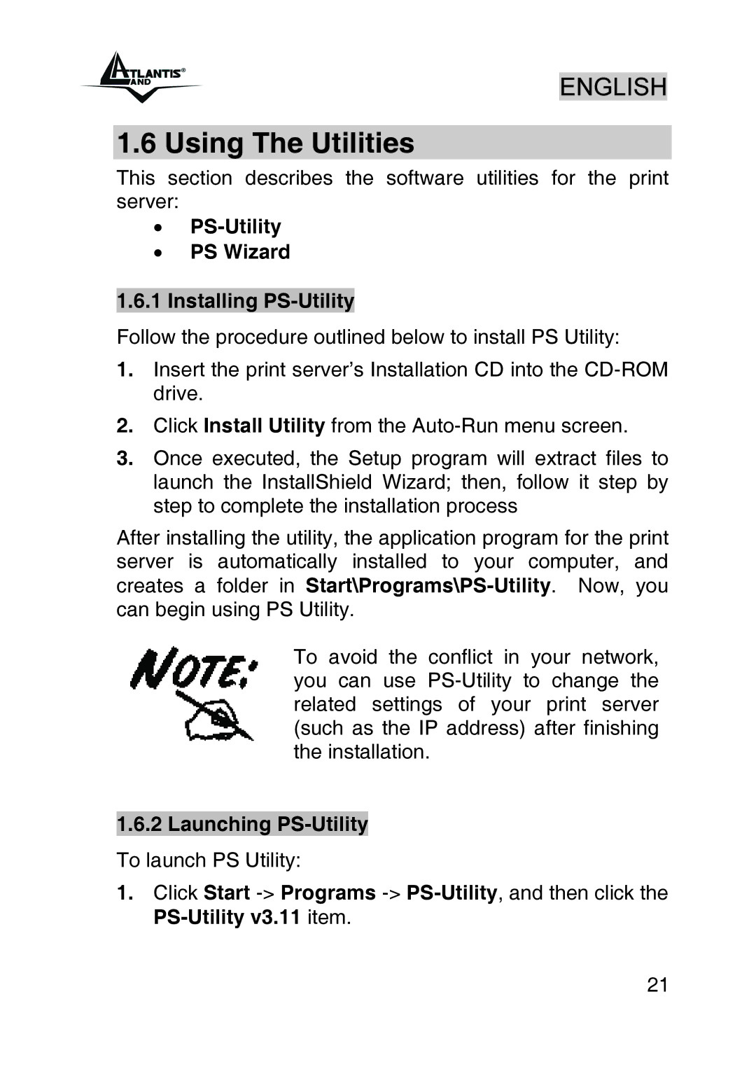 Atlantis Land A02-PSU_GX02 Using The Utilities, PS-Utility PS Wizard Installing PS-Utility, Launching PS-Utility 