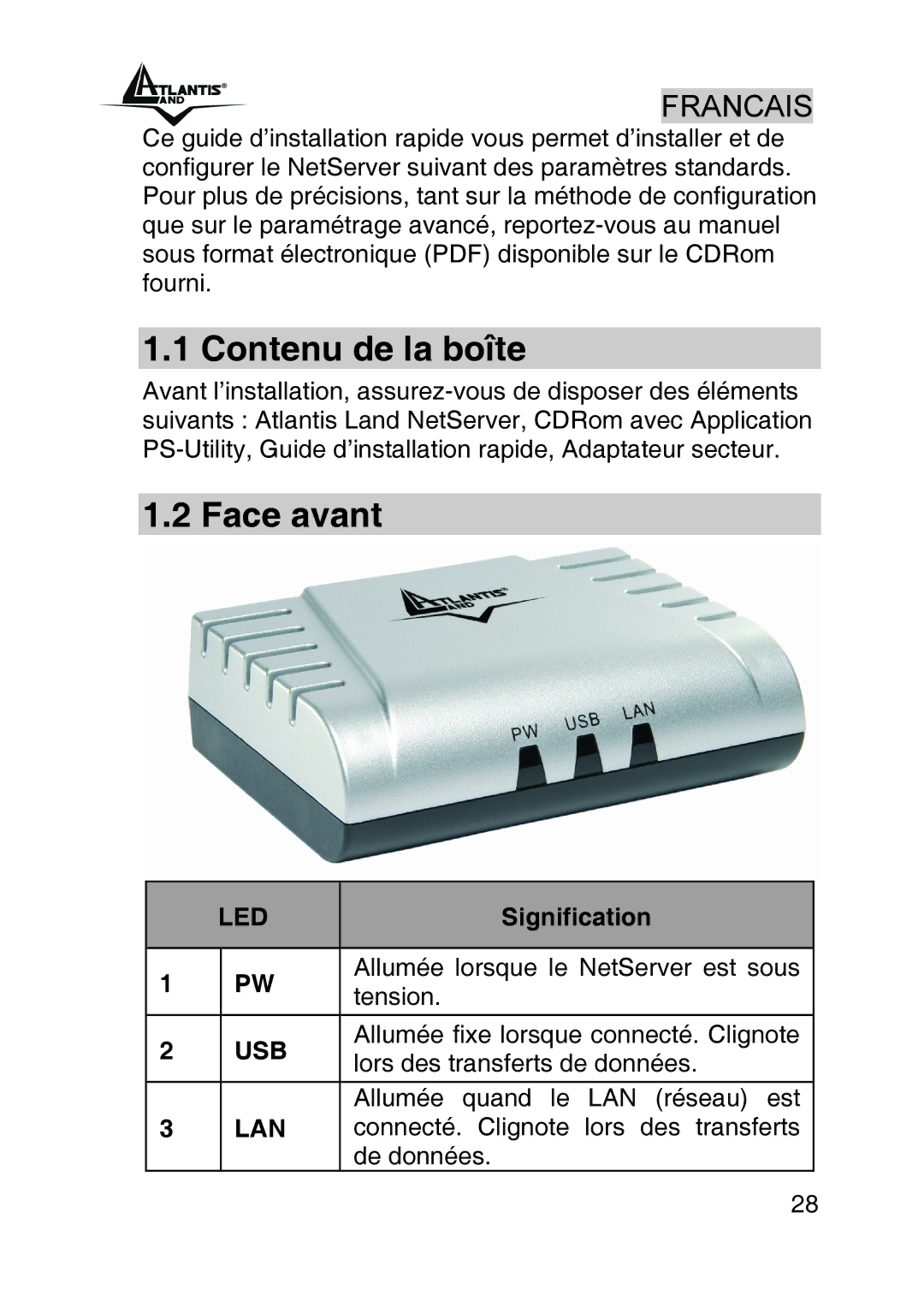 Atlantis Land A02-PSU_GX02 quick start Contenu de la boîte, Face avant 