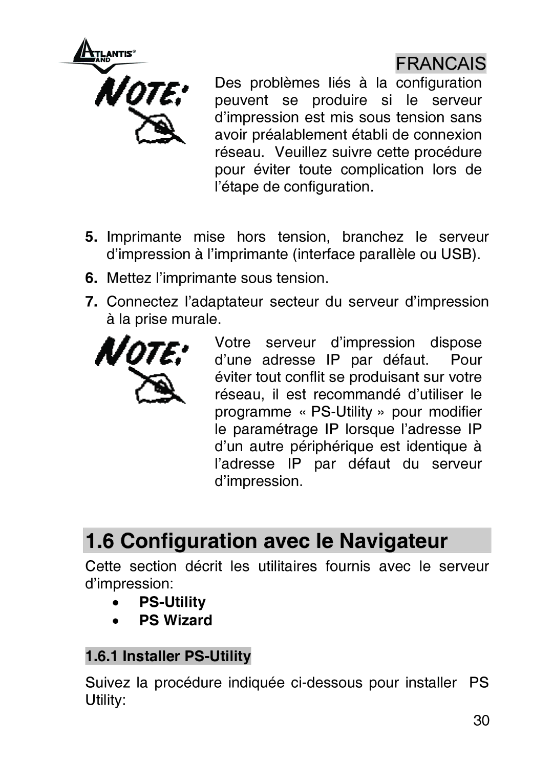 Atlantis Land A02-PSU_GX02 quick start Configuration avec le Navigateur, PS-Utility PS Wizard Installer PS-Utility 