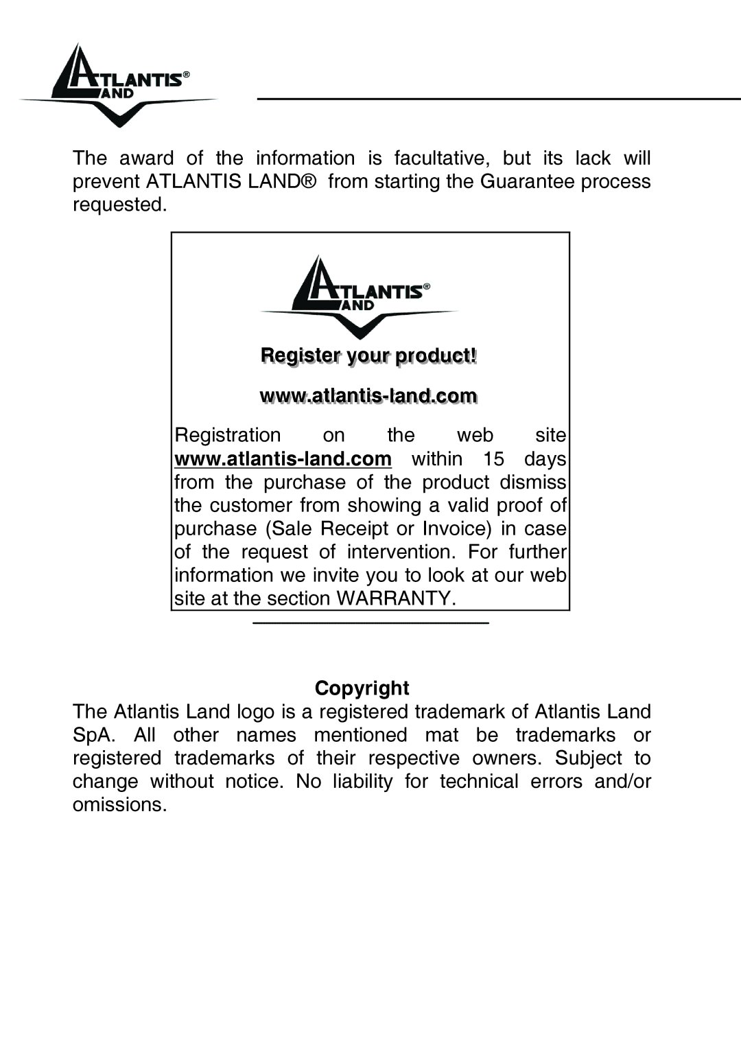 Atlantis Land A02-PSU_GX02 quick start Regiiisttterrryourrprroducttt Copyright 