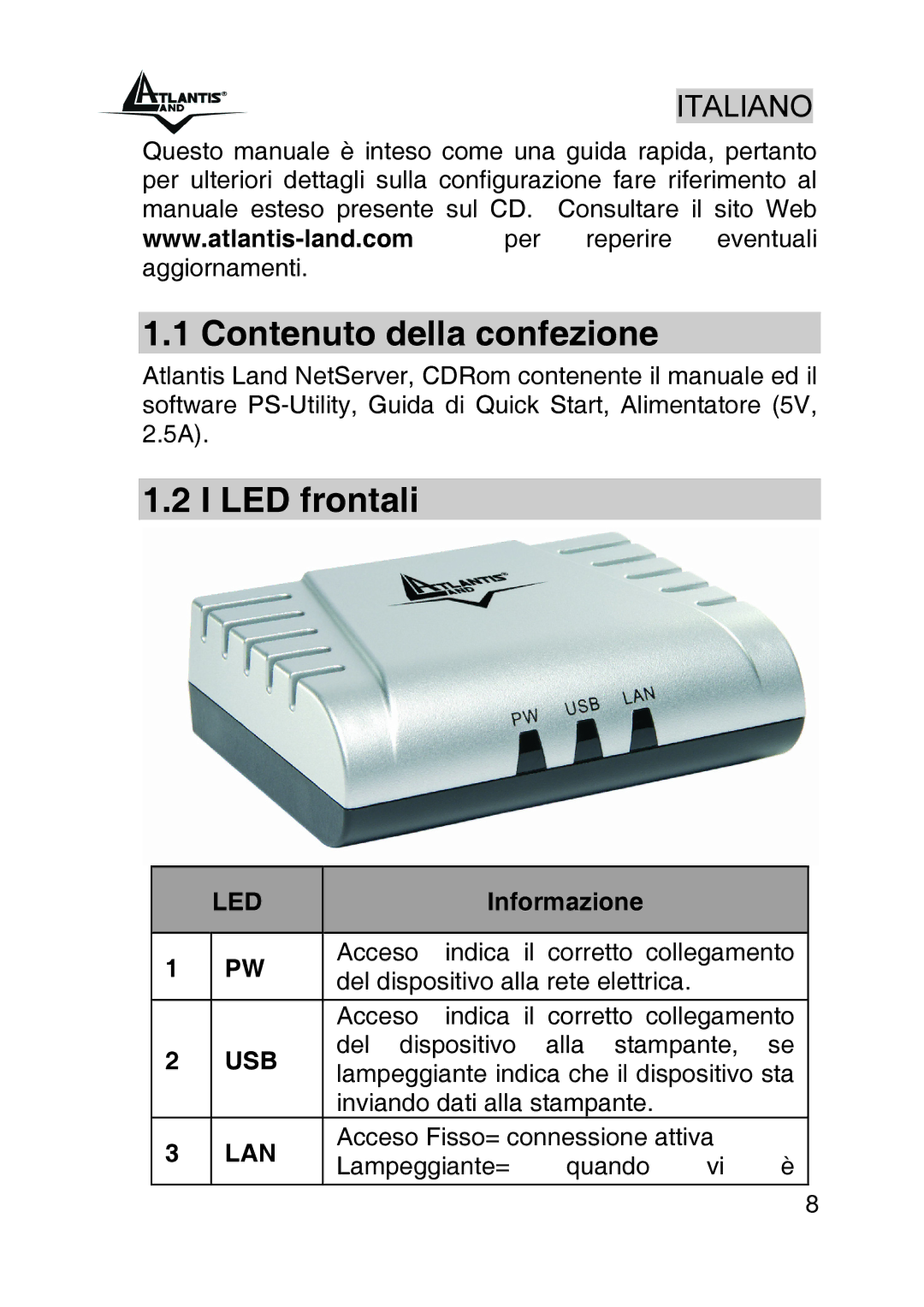 Atlantis Land A02-PSU_GX02 quick start Contenuto della confezione, LED frontali, Informazione 