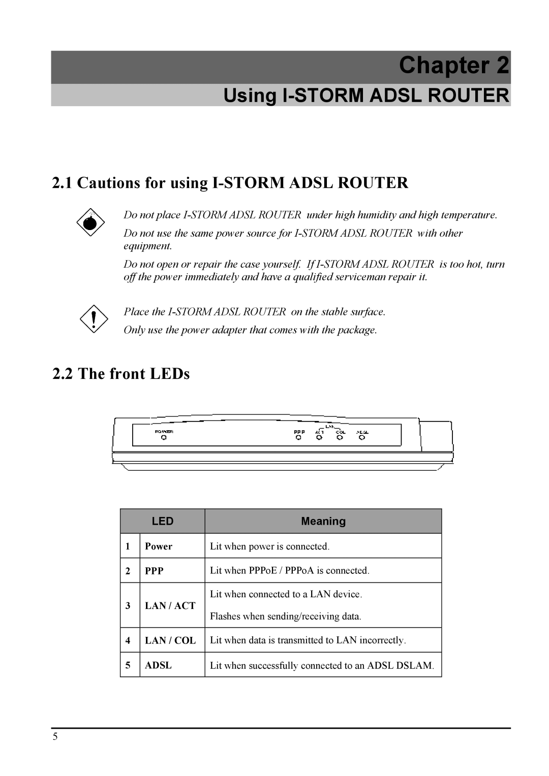 Atlantis Land A02-RA ME01 manual Using I-STORM Adsl Router, Front LEDs 