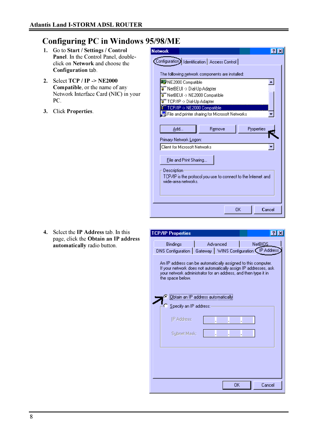 Atlantis Land A02-RA ME01 manual Configuring PC in Windows 95/98/ME 