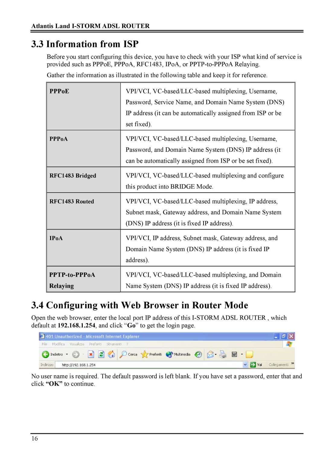 Atlantis Land A02-RA ME01 manual Information from ISP, Configuring with Web Browser in Router Mode, PPPoE, PPTP-to-PPPoA 