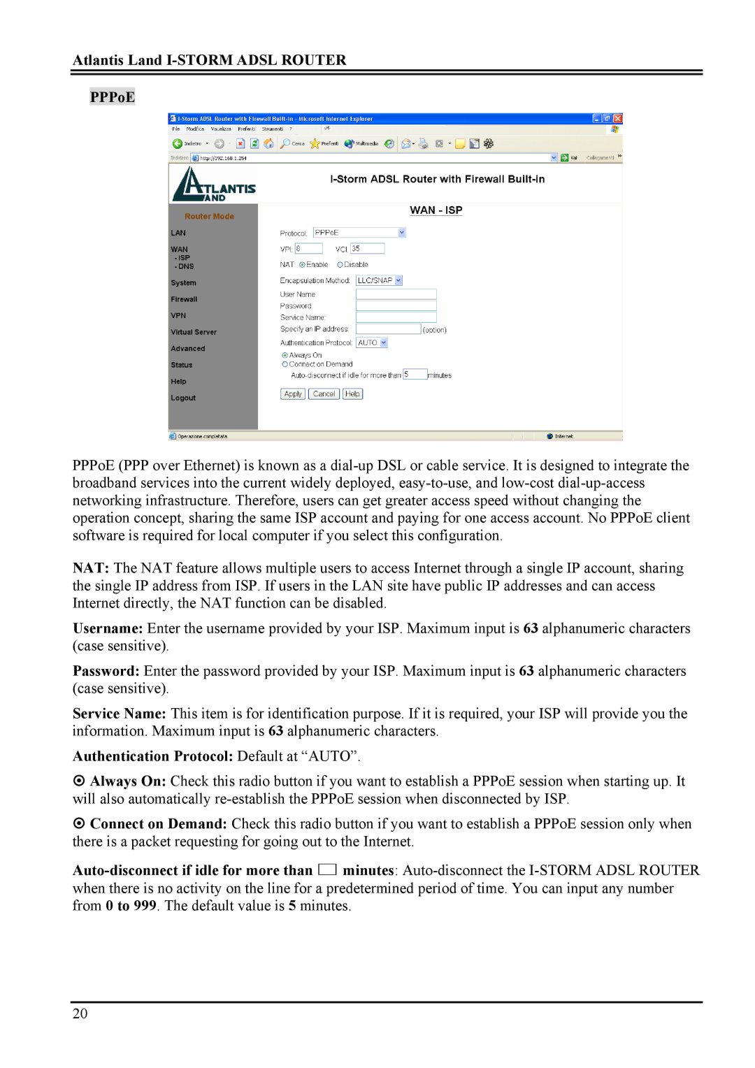 Atlantis Land A02-RA ME01 manual Atlantis Land I-STORM Adsl Router PPPoE, Authentication Protocol Default at Auto 