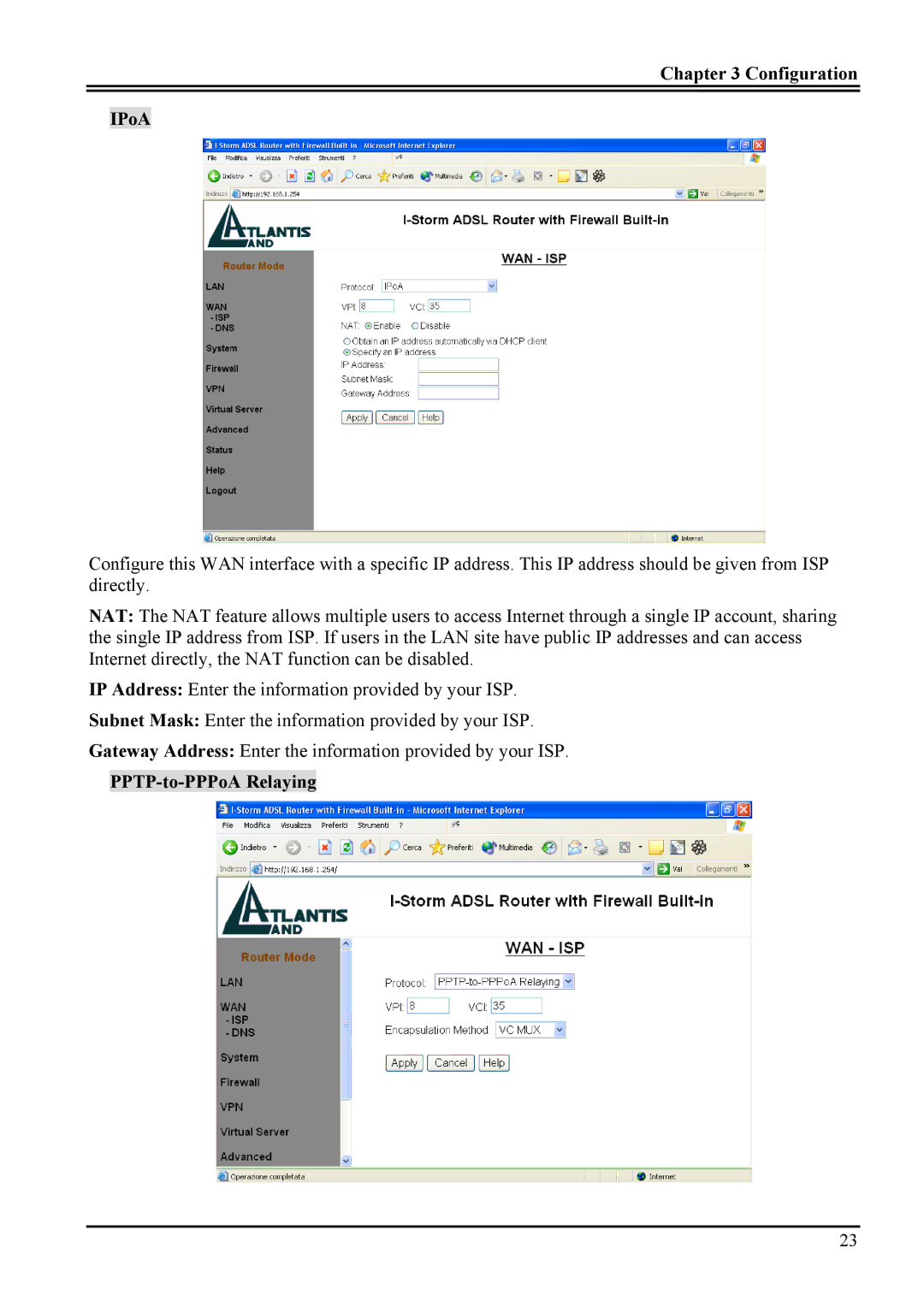 Atlantis Land A02-RA ME01 manual Configuration IPoA, PPTP-to-PPPoA Relaying 