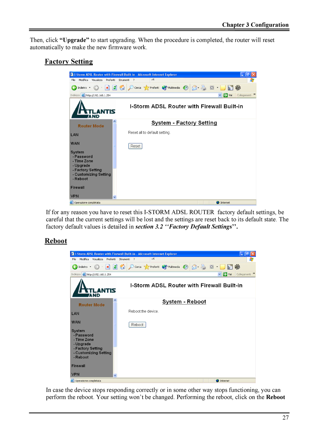 Atlantis Land A02-RA ME01 manual Factory Setting, Reboot 