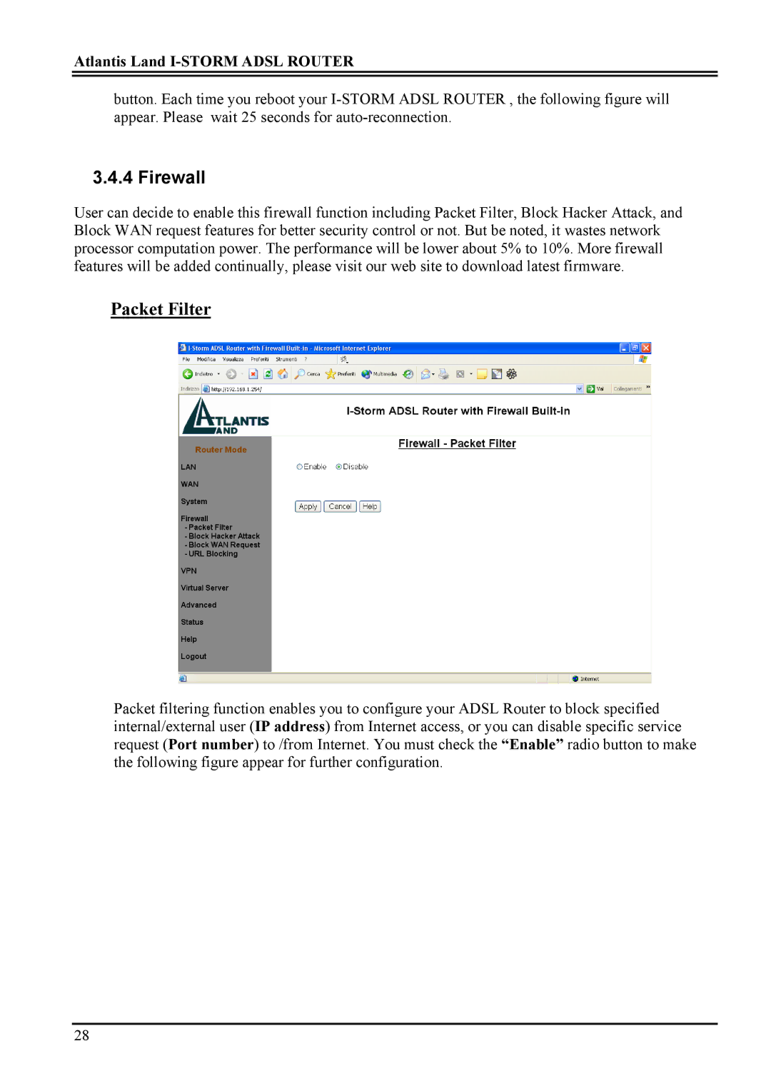 Atlantis Land A02-RA ME01 manual Firewall, Packet Filter 