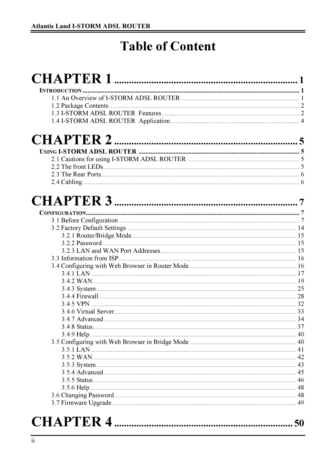 Atlantis Land A02-RA ME01 manual Table of Content, Atlantis Land I-STORM Adsl Router 