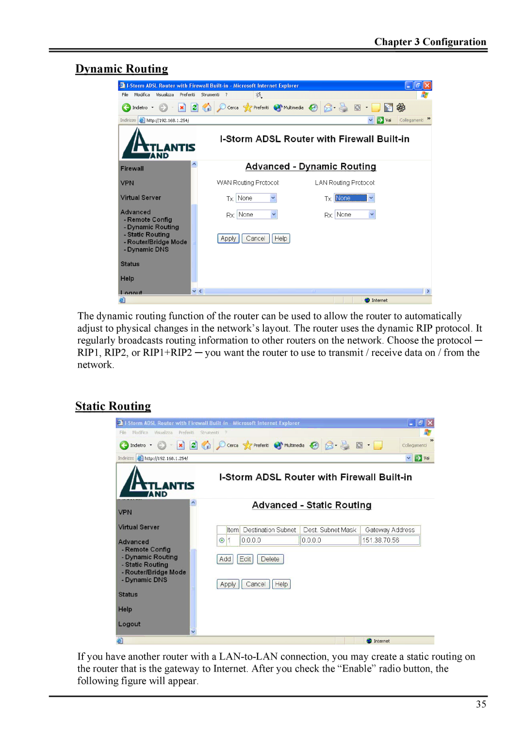 Atlantis Land A02-RA ME01 manual Dynamic Routing, Static Routing 