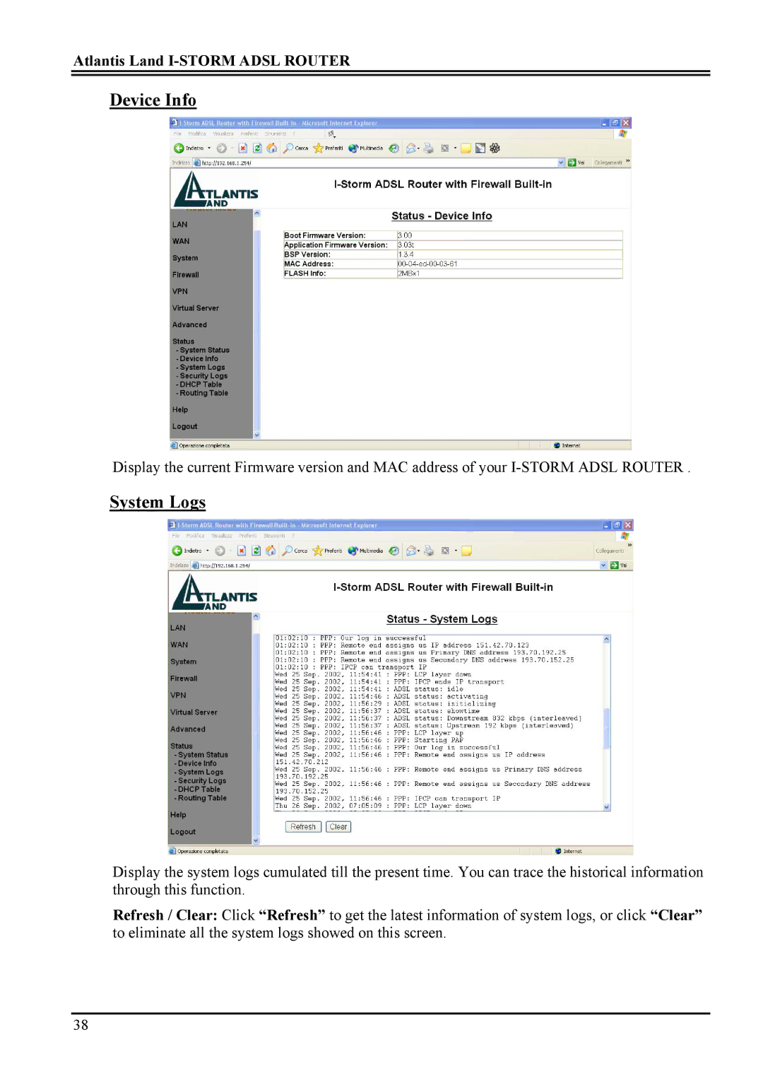 Atlantis Land A02-RA ME01 manual Device Info, System Logs 