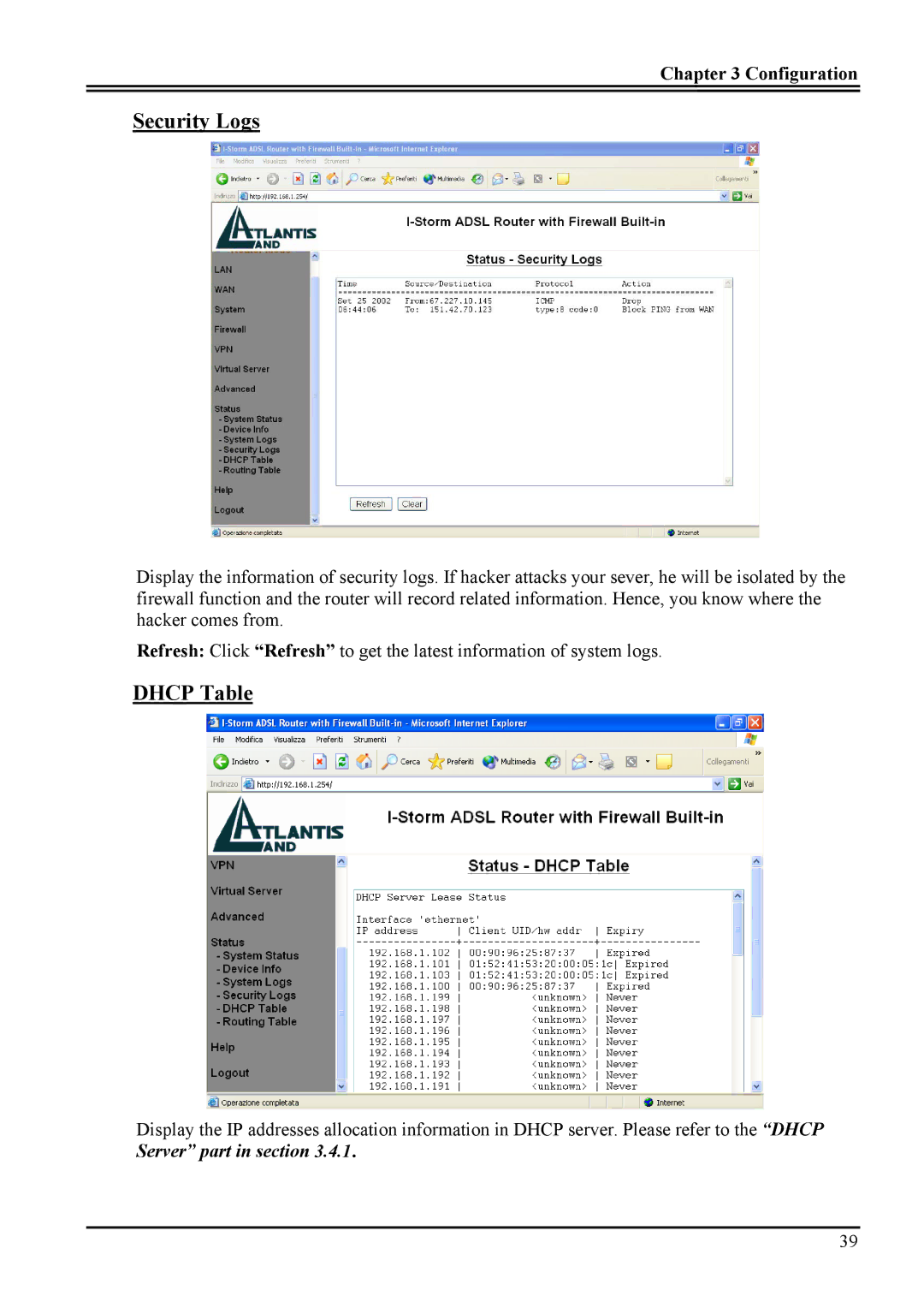 Atlantis Land A02-RA ME01 manual Security Logs, Dhcp Table 