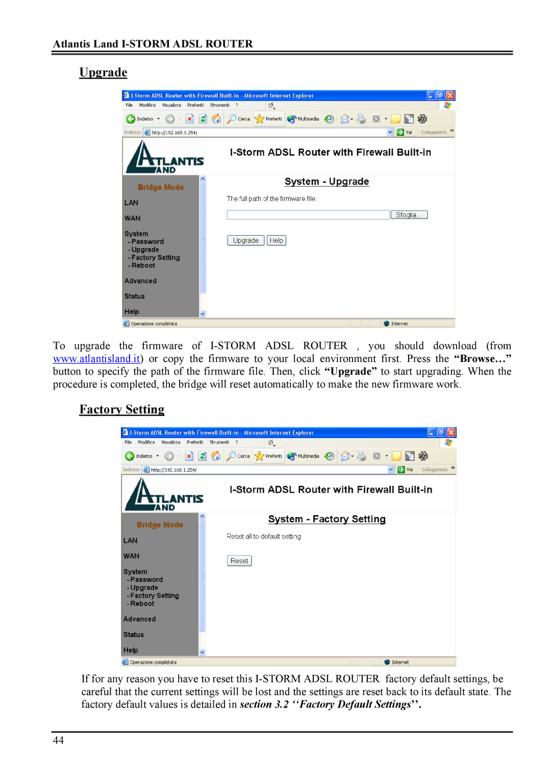 Atlantis Land A02-RA ME01 manual Upgrade Factory Setting 