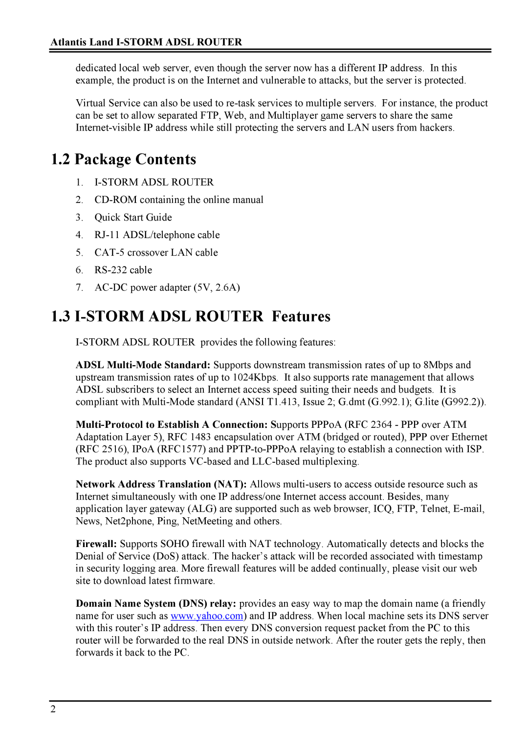 Atlantis Land A02-RA ME01 manual Package Contents, Storm Adsl Router Features 