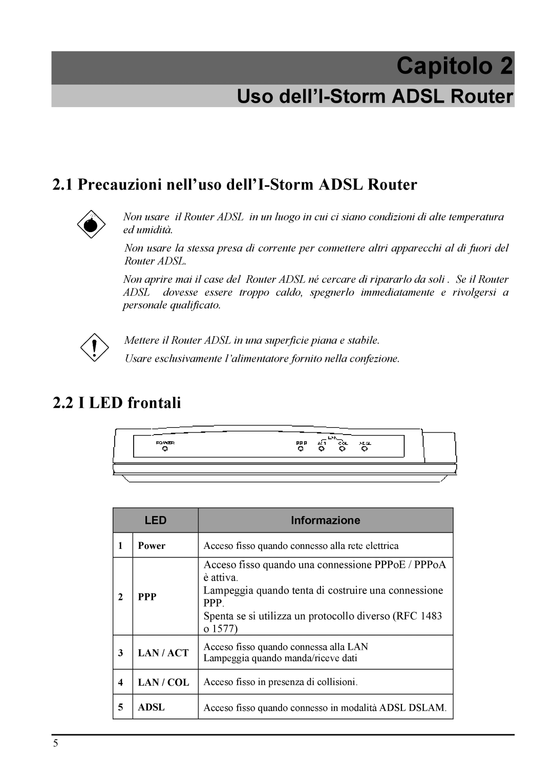 Atlantis Land A02-RA MI01 manual Precauzioni nell’uso dell’I-Storm Adsl Router, LED frontali 