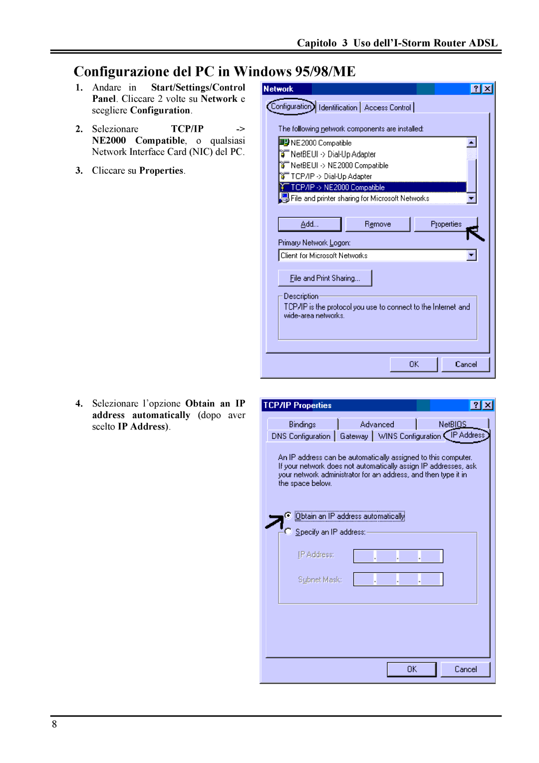 Atlantis Land A02-RA MI01 manual Configurazione del PC in Windows 95/98/ME, Capitolo 3 Uso dell’I-Storm Router Adsl 