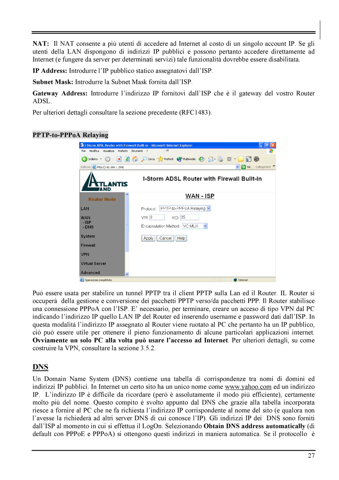 Atlantis Land A02-RA MI01 manual Dns, PPTP-to-PPPoA Relaying 