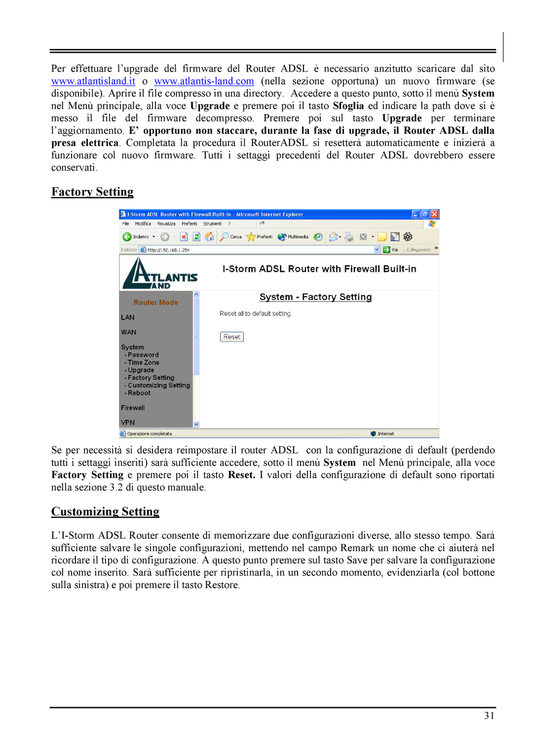 Atlantis Land A02-RA MI01 manual Factory Setting, Customizing Setting 