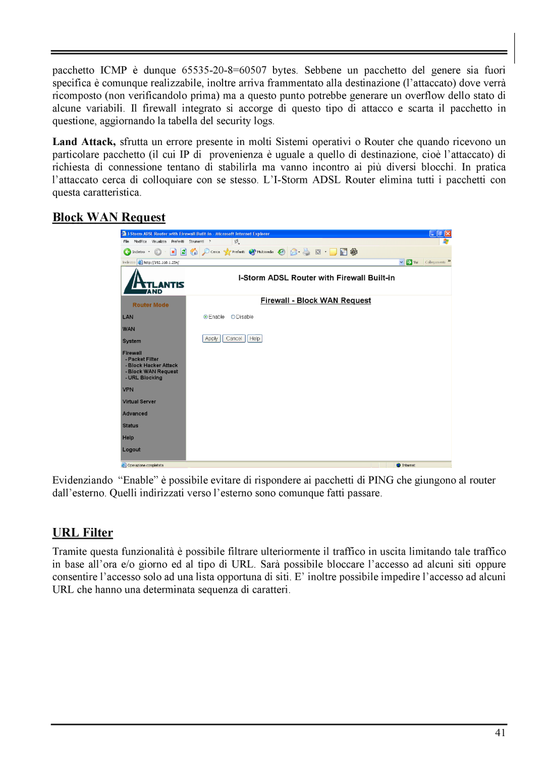 Atlantis Land A02-RA MI01 manual Block WAN Request, URL Filter 