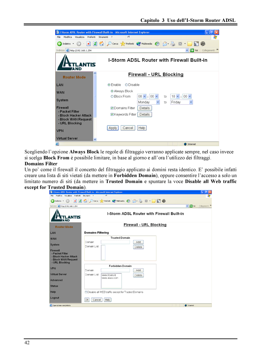 Atlantis Land A02-RA MI01 manual Capitolo 3 Uso dell’I-Storm Router Adsl, Domains Filter 