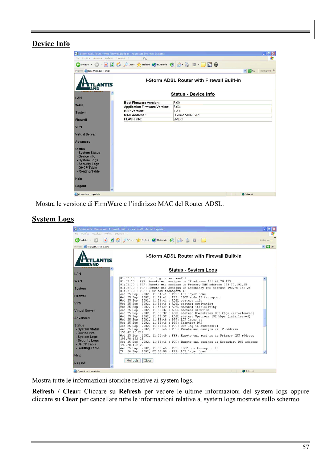 Atlantis Land A02-RA MI01 manual Device Info, System Logs 