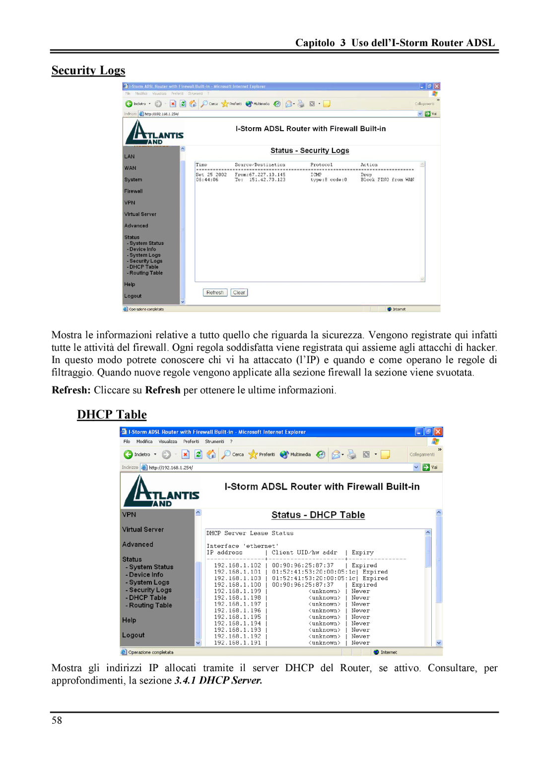 Atlantis Land A02-RA MI01 manual Security Logs, Dhcp Table 