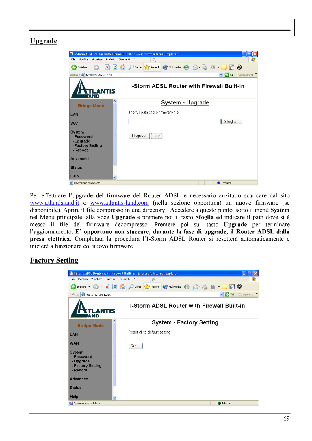 Atlantis Land A02-RA MI01 manual Upgrade Factory Setting 